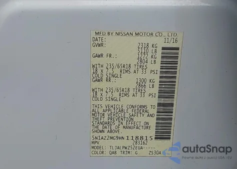 2017 Nissan Murano S from USA, damaged, VIN 5N1AZ2MG9HN118815